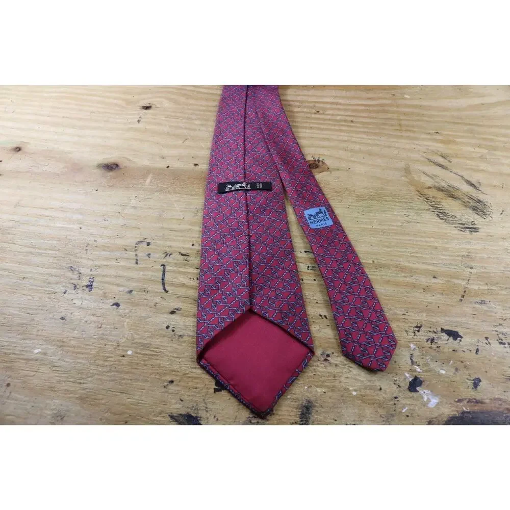 Hermes Tie Mens Silk Red Blue Chain Link Geometric Print France No Box